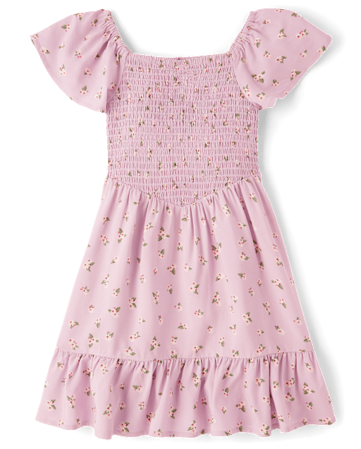 Girls Floral Smocked Ruffle Dress - Purple