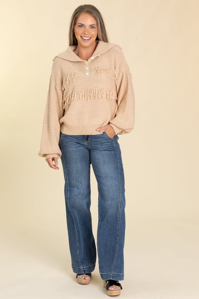 Tan V-Neck Frayed Edge Solid Sweater