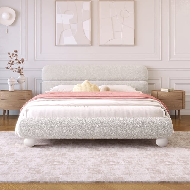 Walker Edison | Contemporary Boucle Queen Bedframe with Solid Round Legs