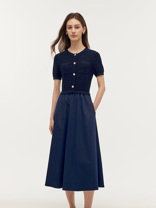 Denim Patchwork Sequins Gathered Waist Women Midi Dress