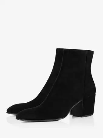 Men's Black Suede Chelsea Round Toe Slip-On Suede Block Heel Black Dress Boots