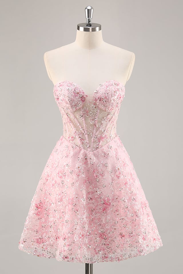 Pink Corset A Line Strapless Homecoming Dress with Appliques
