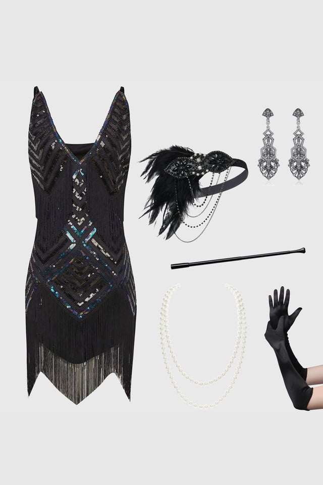 Sequin V-Neck Mini Slip Dress Set