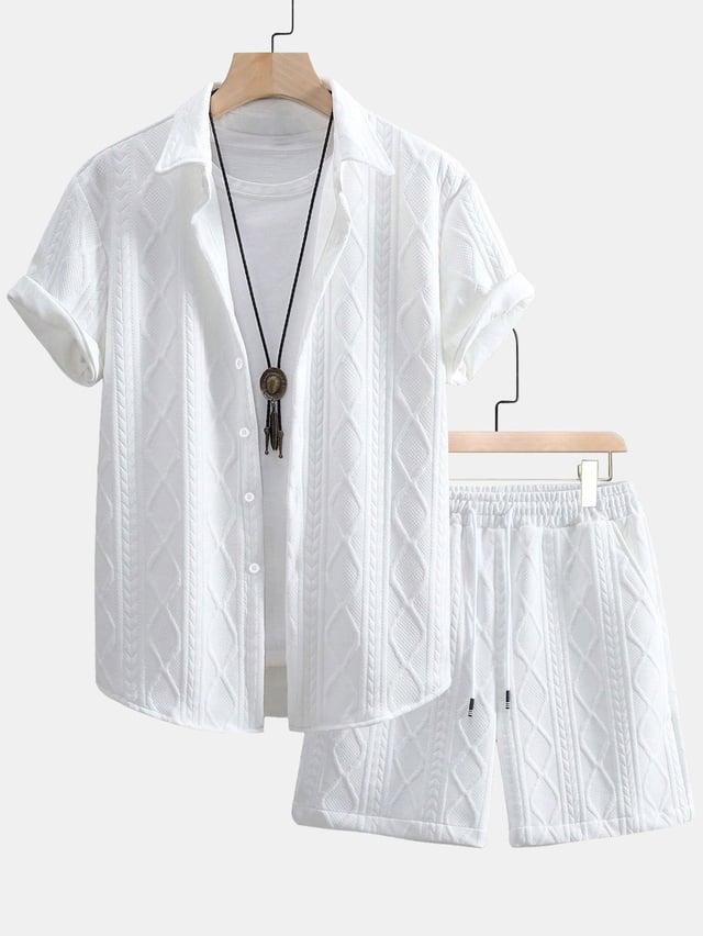 Twist Geometry Jacquard Button Up Shirt & Drawstring Shorts