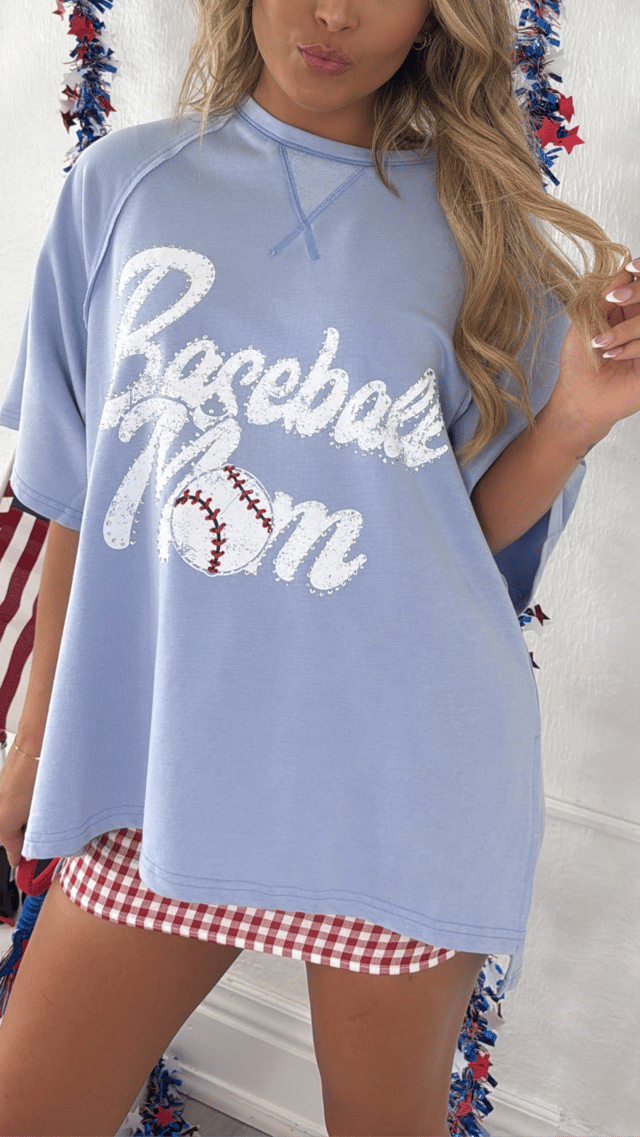 Baseball Mom Oversized Rhinestone Tee, Blue