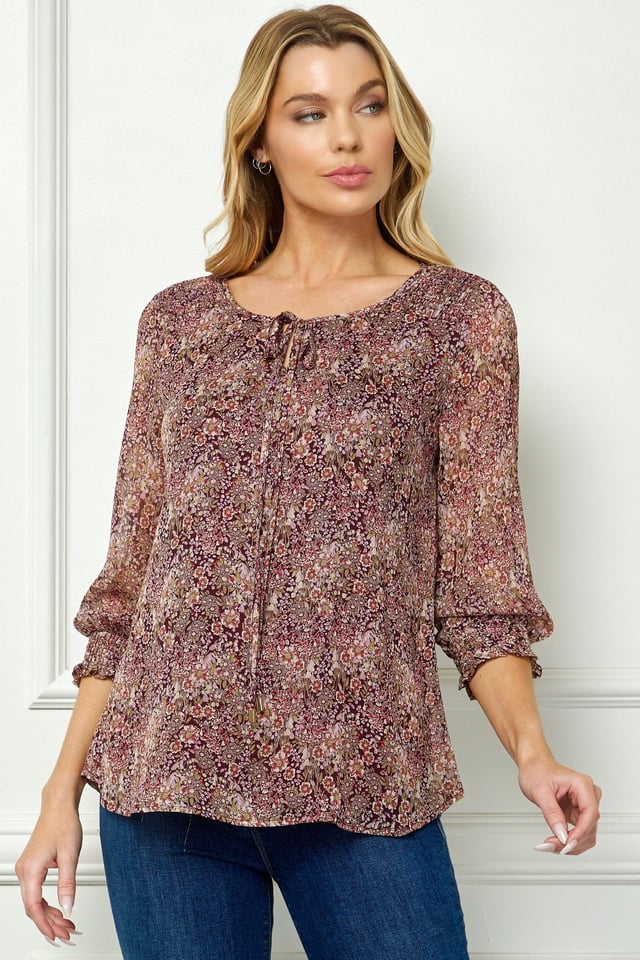 Burgundy Floral 3/4 Sleeve Blouse