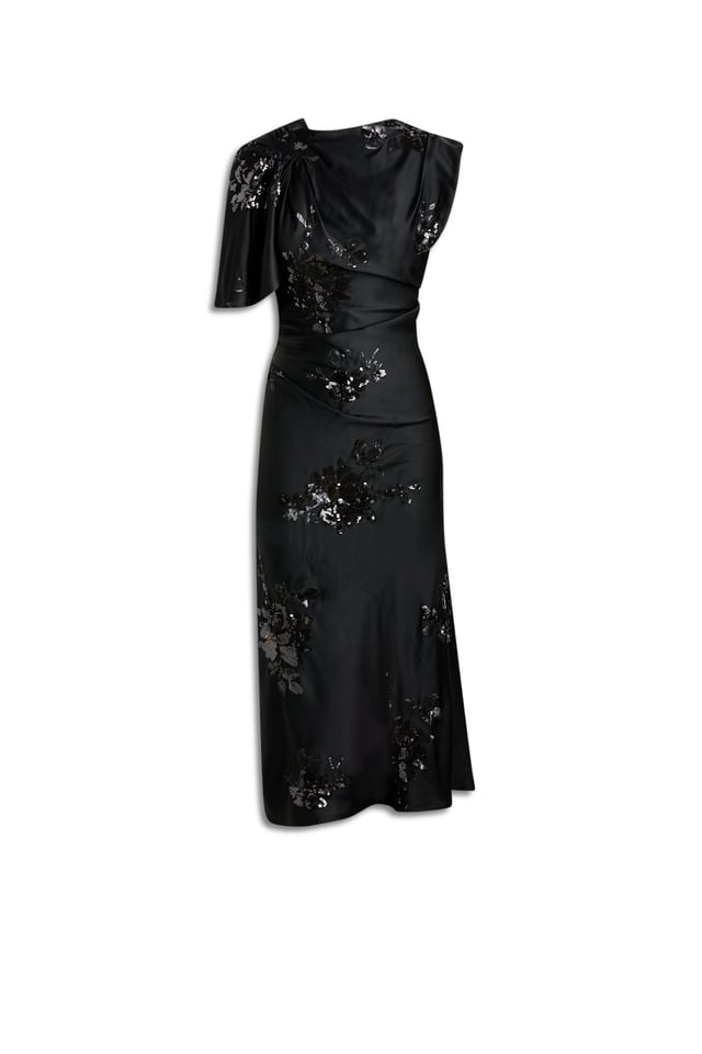 BEADED SATIN DRAPED DRESS