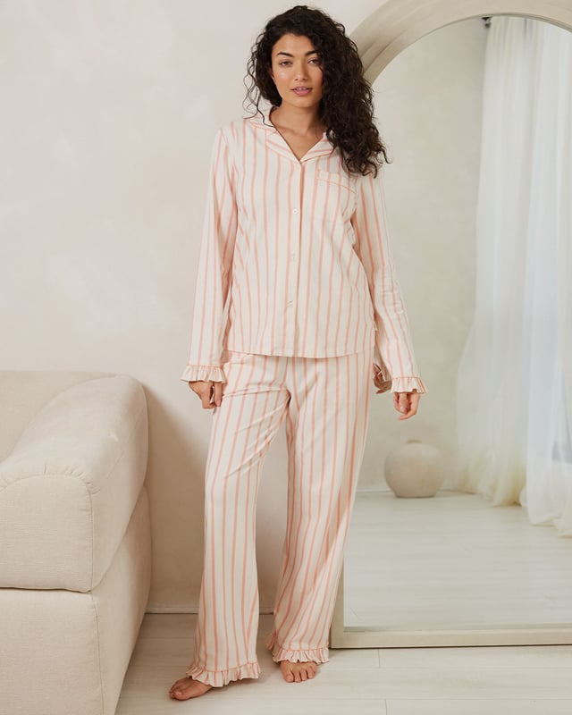 Organic Cotton Pink Stripe Frill Long Pyjama Set