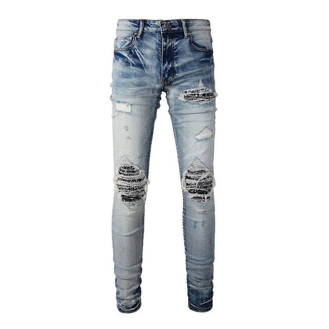Blue Paisley Bandana Print Patchwork Ripped Jeans