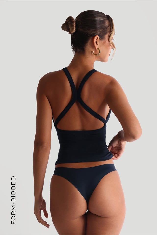 Form-Ribbed Plunge Split-Back Tank Top - Navy