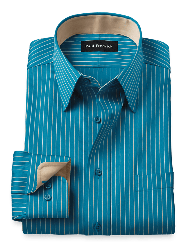 Comfort Stretch Non-Iron Stripe Dress Shirt With Contrast Trim - Teal