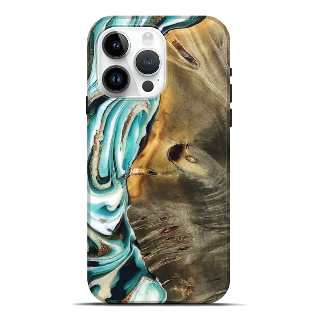 iPhone 15 Pro Max Wood Live Edge Phone Case - Korey (Teal & Gold, 776935)