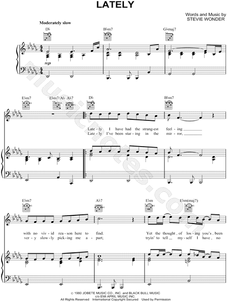 Stevie Wonder "Lately" Sheet Music in Db Major (transposable) - Download & Print