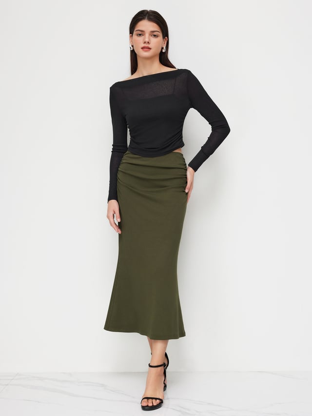 Off-shoulder Ruched Crop Top With Cami Top & Mid Rise Mermaid Maxi Skirt Set