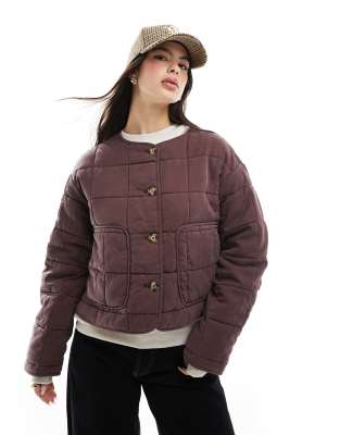 ASOS DESIGN crop collarless quilted jacket in chocolate