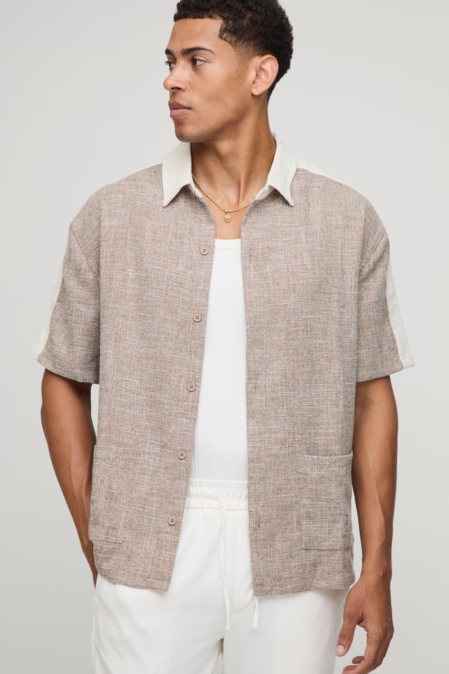 Oversized Basket Weave Panelled Shirt | boohooMAN USA