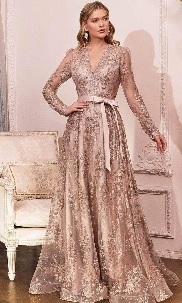 Ladivine - Deep V-Neck Beaded Lace Evening Dress CD233