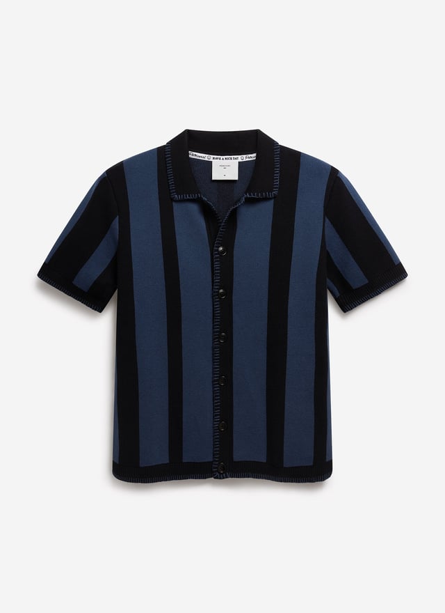 Knitted Stripe Cuban Shirt | Navy