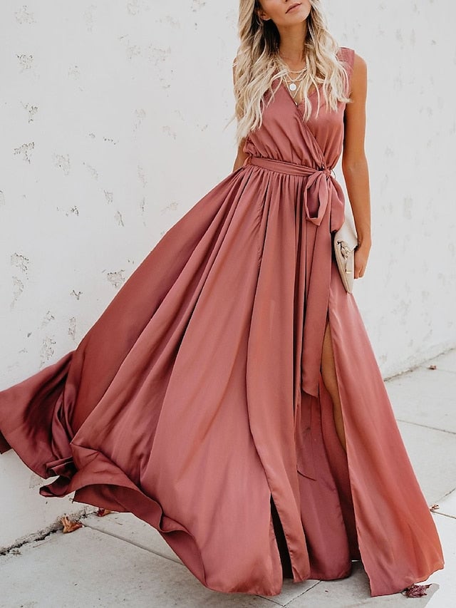 Swing Dress Maxi long Dress Green Pink Yellow Sleeveless Pure Color Split Lace up Spring Summer V Neck Eleganty Party  S M L XL XXL for Women