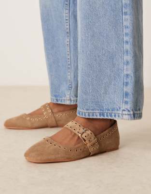 ASOS DESIGN Larson eyelet mary jane ballets in taupe suedette