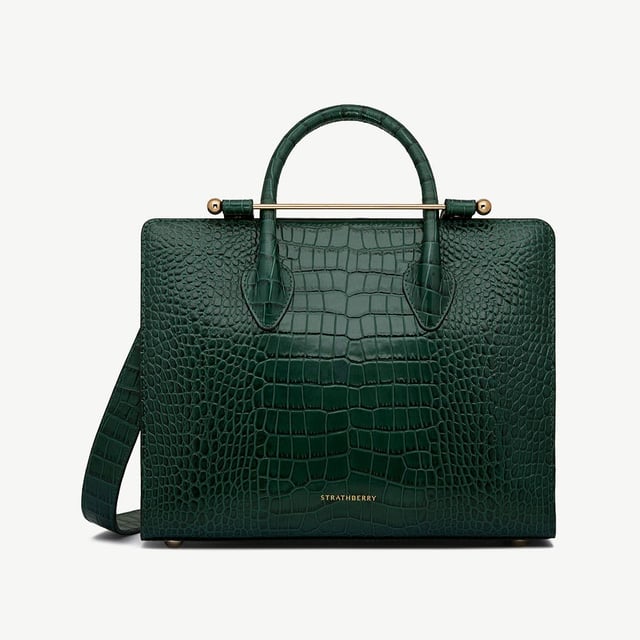 The Strathberry Midi Tote - Croc-Embossed Leather Bottle Green