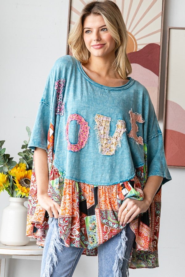 Oli & Hali OVERSIZED Top with Contrasting Print Hem and Heart and LOVE Patches in Blue