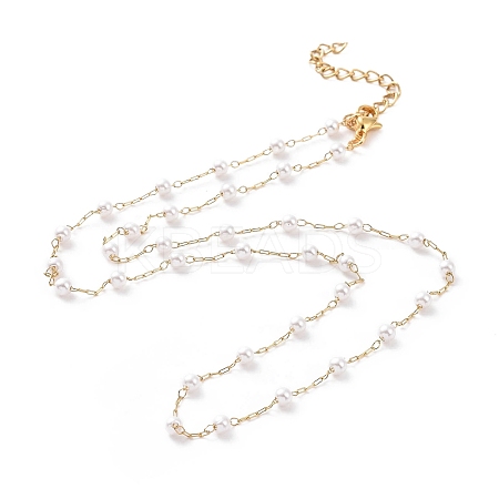 PVD Vacuum Plating 304 Stainless Steel Beaded Necklaces, with Plastic Imitation Pearl Beads and Paperclip Chains, Golden, 17.52 inch(44.5cm)