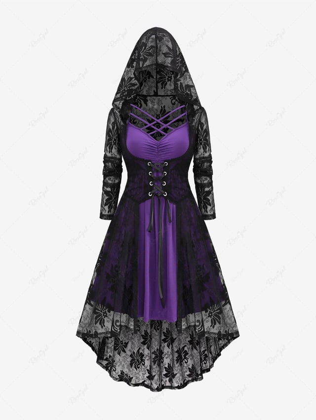 Plus Size Crisscross Ruched Cami Dress and Lace-up Floral Lace Hooded Cover Set