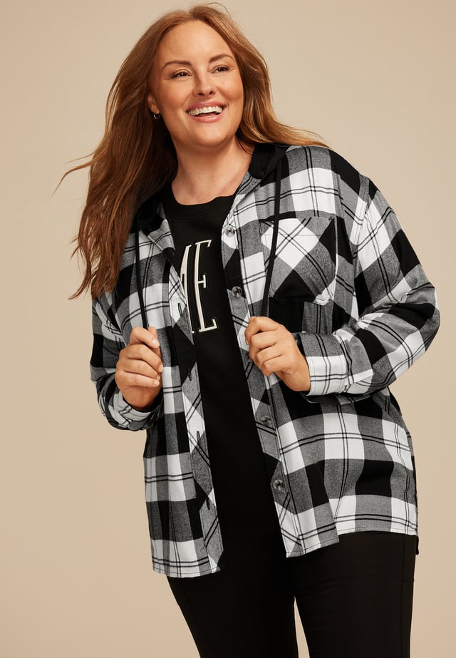 Plus Size Plaid Hooded Boyfriend Button Down Shirt