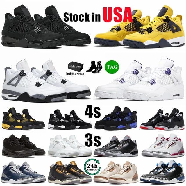 4s 3s Basketball Shoes For Mens Women Trainers Lightning Grey Sail 4 Military Black Cats Blue White Thunder Bred Lucky Green Sneakers Designer Sports Shoes With Box