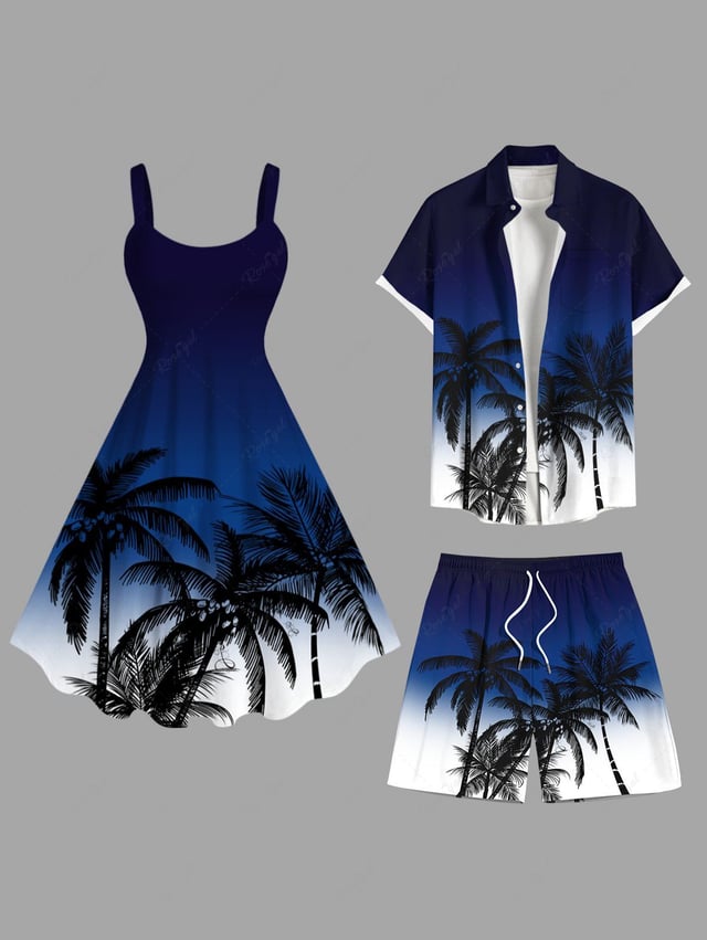 Ombre Colorblock Coconut Tree Print Plus Size Matching Hawaii Beach Outfit For Couples