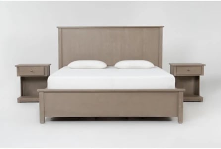 Felipe Driftwood Queen Wood Platform 3 Piece Bedroom Set With 2 1-Drawer C Tables
