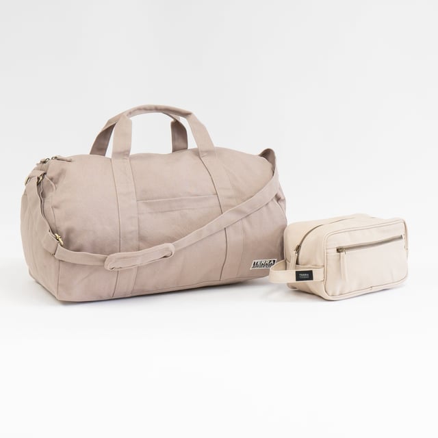 Sustainable Travel Set - Toiletry Bag and Duffel Bag in Sand Dune Color