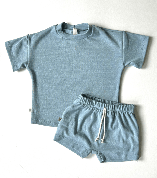 rib knit boy short set - carolina blue