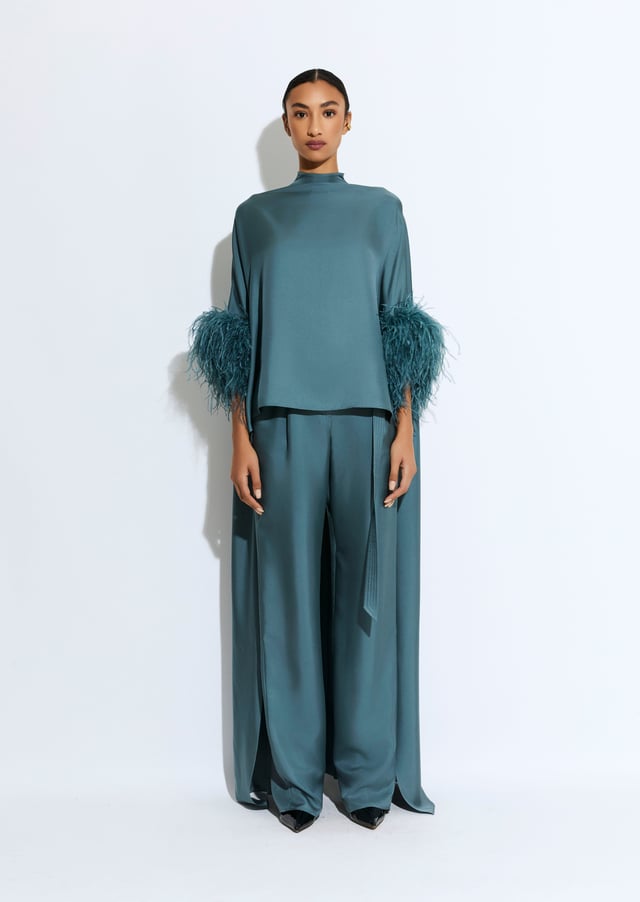 Silky Twill High Low Mock Neck Top With Feathers