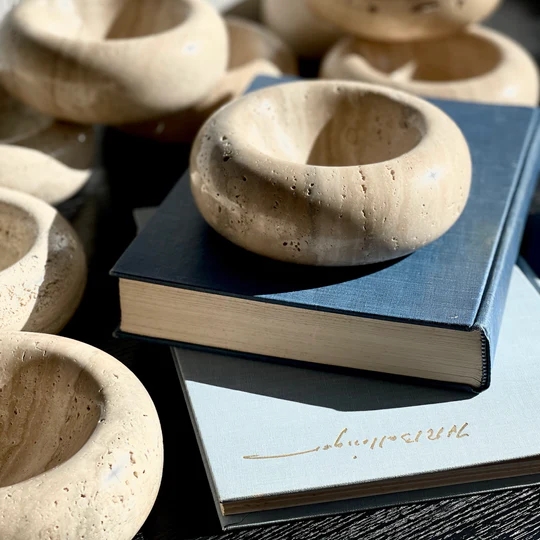 Stonekocc D15x6cm Travertine Stone Jewelry Storage Trinkets Bowl Small Natural Marble Tray Designer Light Luxury Ornaments