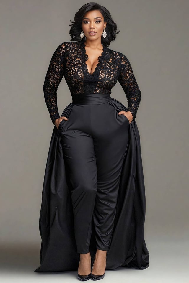 Xpluswear Design Plus Size Formal Satin Black V Neck Long Sleeve With Skirt Overlay Elegant Pocket Lace Jumpsuits [Pre-Order]