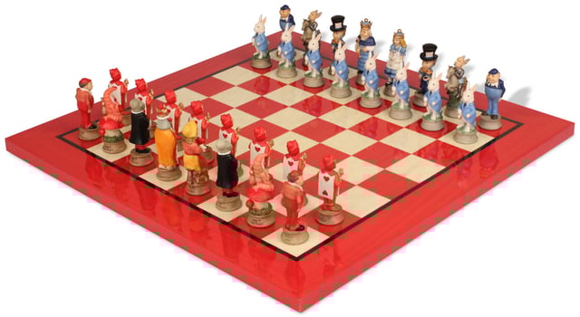 Alice in Wonderland Theme Chess Set with Red & Erable Deluxe Chess Board