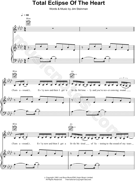 Bonnie Tyler "Total Eclipse of the Heart" Sheet Music in F Minor (transposable) - Download & Print
