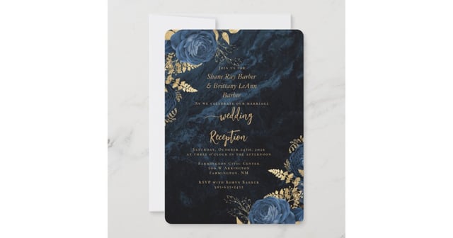 Elegant Navy Blue Gold Floral Wedding Invitation