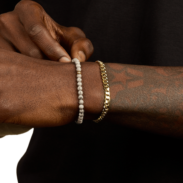 Grey Map Jasper + 5mm Curb Stack, Gold Vermeil