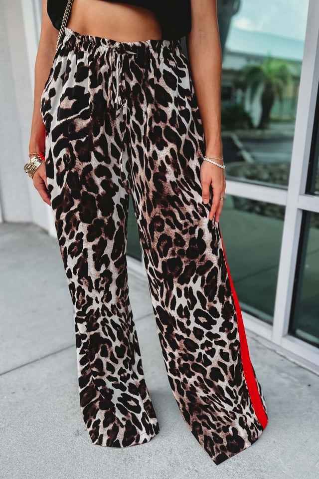 Leopard Straight Pants With Red Stripes