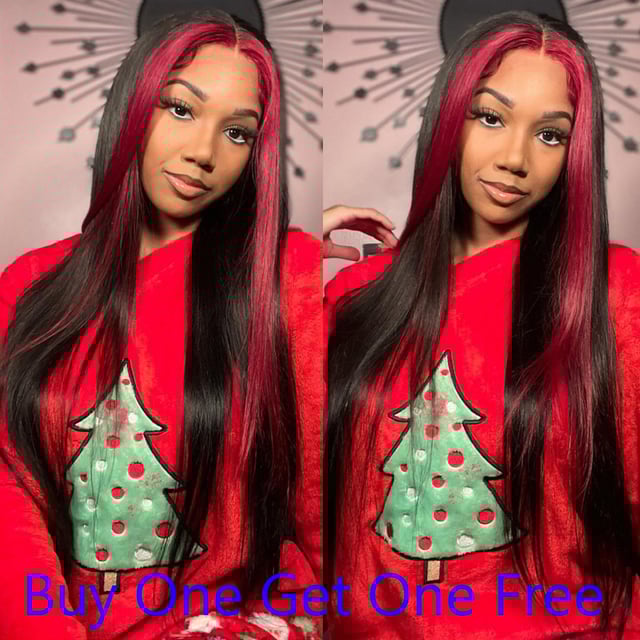 Red/1B Skunk Stripe Wig Straight Human Hair Lace Front Colored Wigs (Buy One Get One Free)