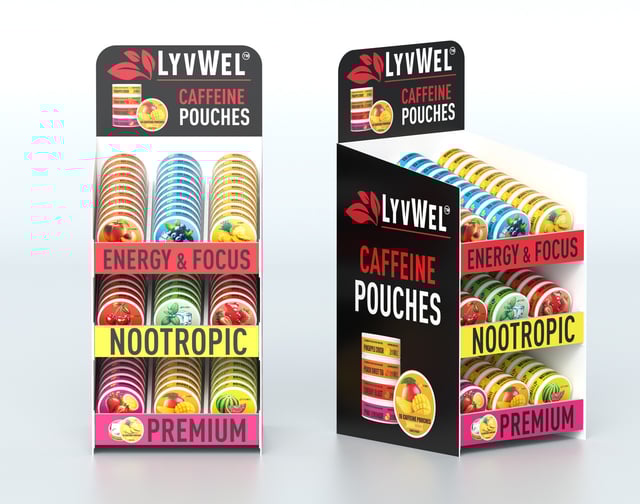 LyvWel Caffeine Nootropic Energy Pouches Pre-Loaded Store Display