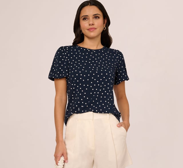 Short Bubble Sleeve Printed Top In Navy Disperse Dot