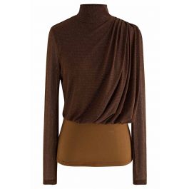Gleam High Neck Spliced Ruched Top in Brown