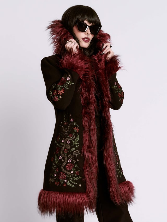 Oxblood Botanical Fur Trim Coat