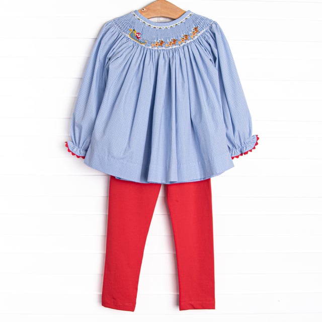 St. Nick's Sleigh Smocked Legging Set, Blue