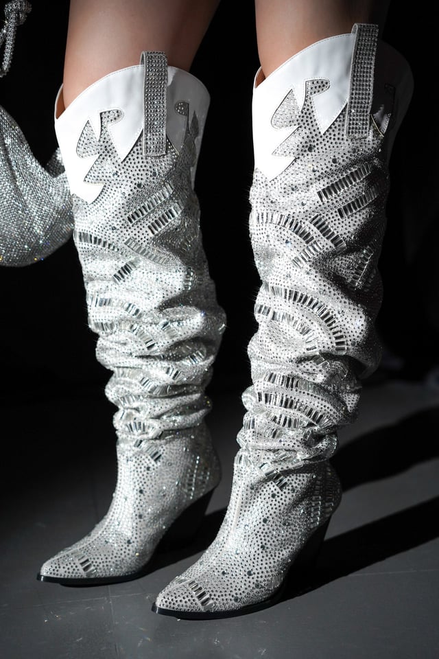 Rockka Rhinestone Pointed Toe Pull On Knee High Cowboy Boots - Silver