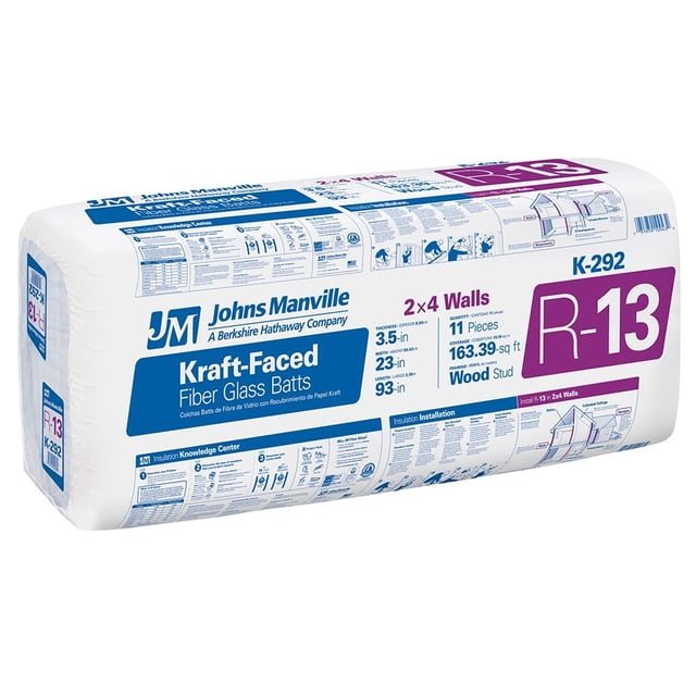 Johns Manville R-13 Kraft-Faced Fiberglass Batt Insulation, 23 in x 93 in, 163.39-sq ft Coverage (K292S)